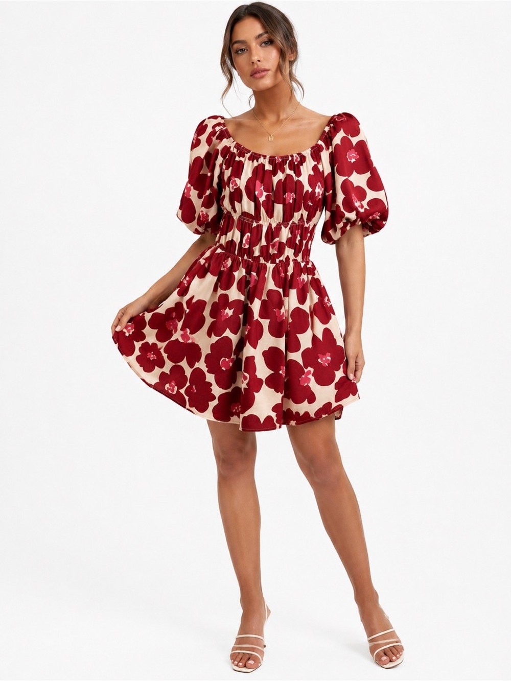 Altar’d State Red Pink Ainslegh Floral Babydoll Oversized Puff Sleeves Dress XS
